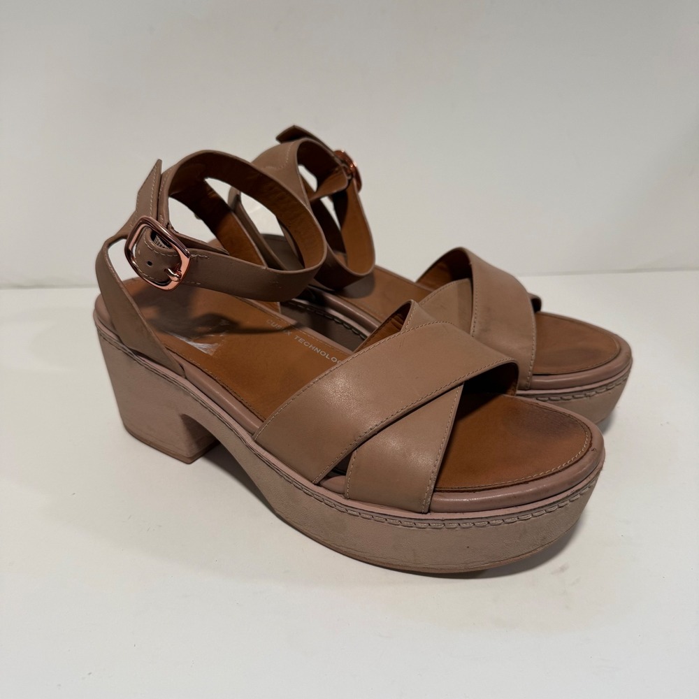 FitFlop Womens Pilar Crossover Platform Sandals 9 Tan Leather Block Heel EV8-137